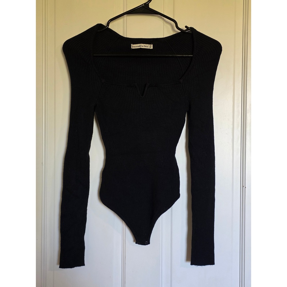 Abercrombie & Fitch Black Ribbed Long Sleeve V-Notch Square Neck Bodysuit XS